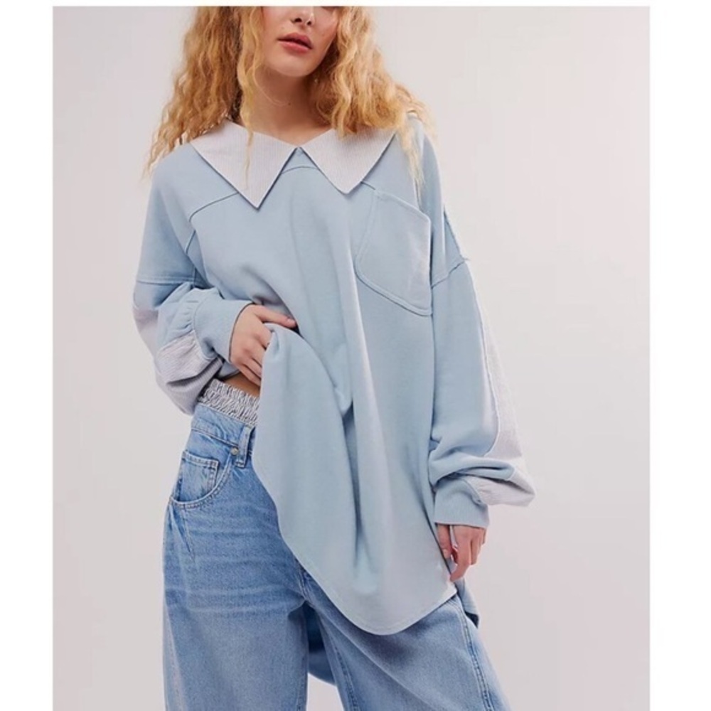 NWT Free People Madeleine Polo Sweatshirt Med Winter Sky Blue $148 Retail Cotton - Picture 6 of 11
